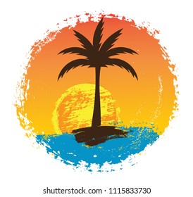 Creative background in grungy style with palm trees and sea.Vector template for card, poster, banner.Vintage design.Print for t-shirt.