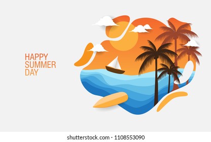 Creative background for happy summer day with palm, sea, beach, smooth concept. for print, banner, cards etc.