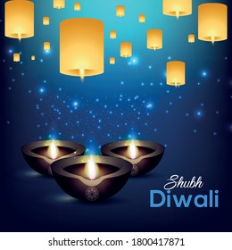 Creative Background for Indian Deepawali festival of lights.. Holiday greeting card with Creative Lamp & Diya....