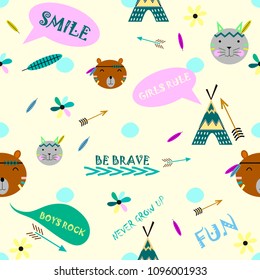 Creative background in indian style with teepee, arrows, feathers and brave animals.