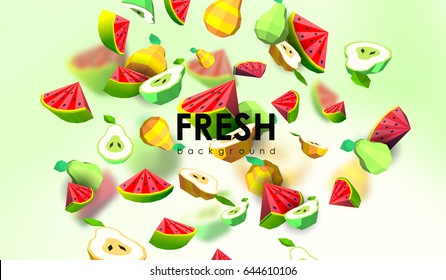 Creative background with low poly fruit. Illustration with polygonal pear and watermelon.