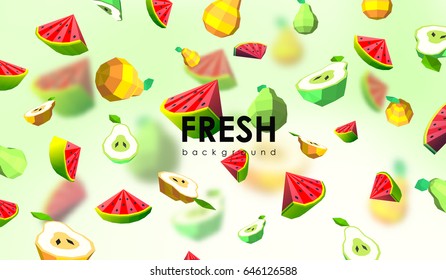 Creative background with low poly fruit. Illustration with polygonal pear and watermelon.