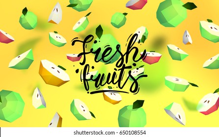 Creative background with low poly fruit. Illustration with polygonal apple.