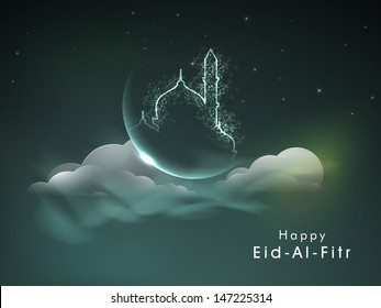 Fondo creativo para el festival de la comunidad musulmana EiD Al Fitr (Eid Mubarak) con mezquita brillante y luna. 