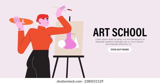 Creative background of painting workshop, drawing class with brushes, paints, pencils. Horizontal advertising poster with woman holding painters stationery near canvas. Vector illustration.