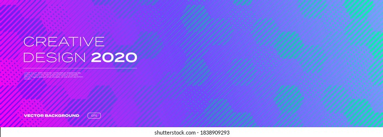 Creative background pattern, halftone color gradient, trendy creative design of 2020, vector. Abstract geometric honeycomb pattern on purple pink neon color, digital technology background