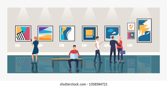 Creative background with people in art gallery vector illustration. Showroom, modern art, exposition. Artworks concept. Design for website templates, posters, banners