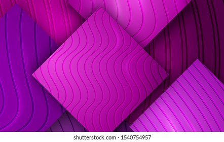Creative Background with Purple Violet Plastic Engraved Tiles. Cut Paper Style. Concept Landing Page for Card, Banner, Poster, Cover, Flyer, Journal, Magazine, Template. 3D Art Vector Illustration.