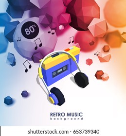 Creative background with retro cassette player. Template with music device and low poly elements.