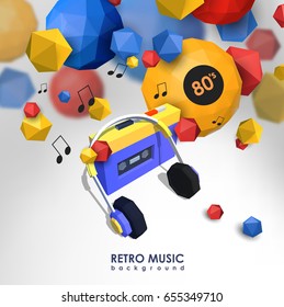 Creative background with retro cassette player. Template with music device and low poly elements.