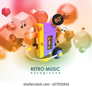 Creative background with retro cassette player. Template with music device and low poly elements.