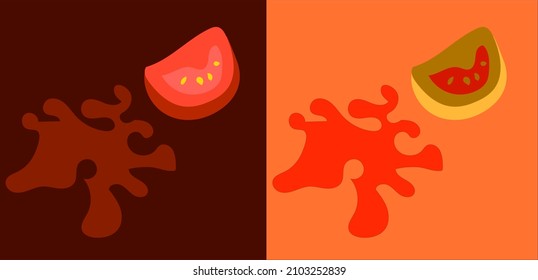 Creative background from slices of tomato on a light and dark background. For logos and banners. Healthy food concept. Vector flat illustration.