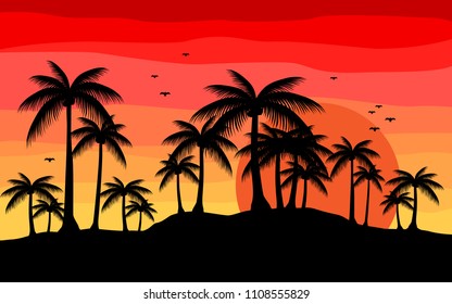 creative background . sunset in beach with palm silhouette. 