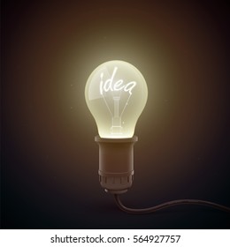 Creative background template with luminant filament lamp in dark environment with word idea inside vector illustration