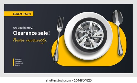 Creative background. Tire banner. Tyre shop discount coupon. Voucher ticket card. Discount on tire auto service repair and maintenance. Сlearance sale.  Tire car advertisement poster. Aluminum wheel.