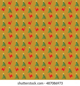 
Creative background vector symbol 2017 red cock and Christmas tree . Abstract seamless. Funny wallpapers for textiles, fabrics and gift wrapping. Fashionable style. Colorful bright. gold background