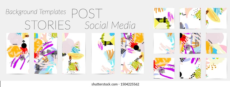 Creative backgrounds for social media. Editable story templates. Bright colored with hand drawn scribbles promotional backgrounds for social media apps.