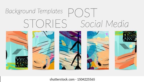 Creative backgrounds for social media. Editable story templates. Bright colored with hand drawn scribbles promotional backgrounds for social media apps.