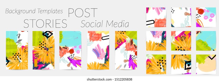 Creative backgrounds for social media. Editable story templates. Bright colored with hand drawn scribbles promotional backgrounds for social media apps.