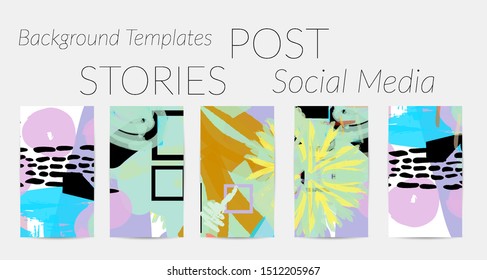 Creative backgrounds for social media. Editable story templates. Bright colored with hand drawn scribbles promotional backgrounds for social media apps.