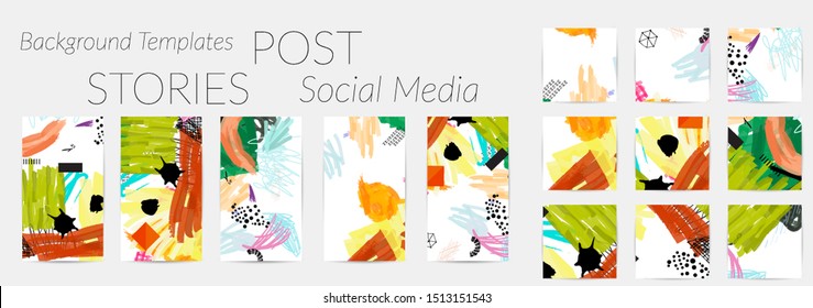 Creative backgrounds for social media. Editable story templates. Bright colored with hand drawn scribbles promotional backgrounds for social media apps.