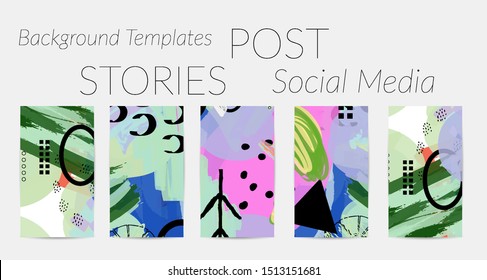 Creative backgrounds for social media. Editable story templates. Bright colored with hand drawn scribbles promotional backgrounds for social media apps.