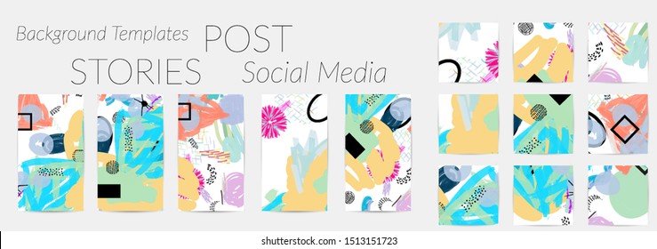 Creative backgrounds for social media. Editable story templates. Bright colored with hand drawn scribbles promotional backgrounds for social media apps.