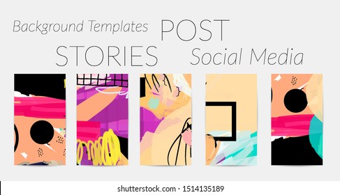 Creative backgrounds for social media. Editable story templates. Bright colored with hand drawn scribbles promotional backgrounds for social media apps.