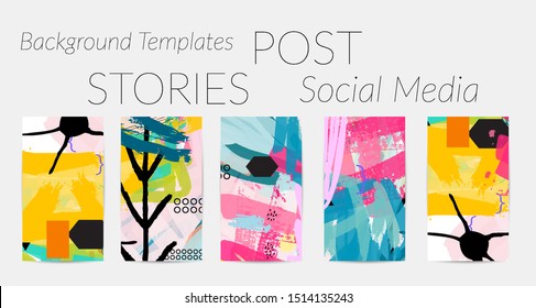 Creative backgrounds for social media. Editable story templates. Bright colored with hand drawn scribbles promotional backgrounds for social media apps.