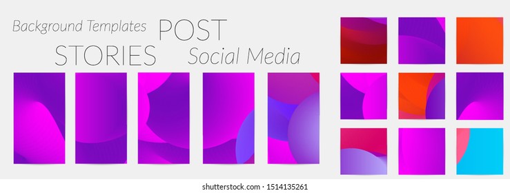 Creative backgrounds for social media. Editable story templates. Bright colored with gradient blend liquid shapes promotional backgrounds for social media apps.