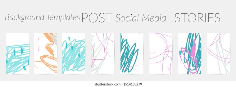 Creative backgrounds for social media. Editable story templates. Pastel colored with hand drawn scribbles promotional backgrounds for social media apps.