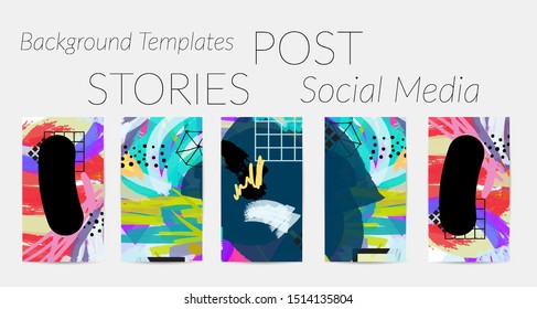 Creative backgrounds for social media. Editable story templates. Bright colored with hand drawn scribbles promotional backgrounds for social media apps.