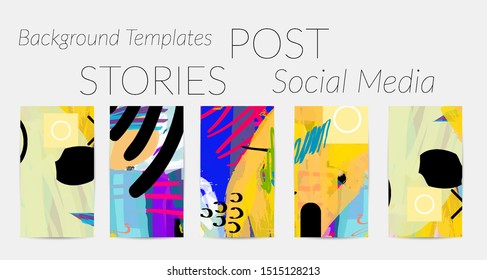 Creative backgrounds for social media. Editable story templates. Bright colored with hand drawn scribbles promotional backgrounds for social media apps.