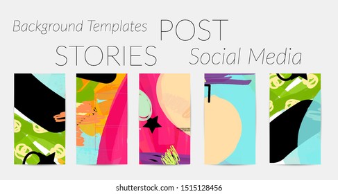 Creative backgrounds for social media. Editable story templates. Bright colored with hand drawn scribbles promotional backgrounds for social media apps.