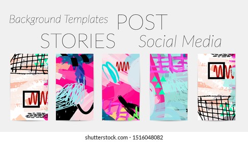 Creative backgrounds for social media. Editable story templates. Bright colored with hand drawn scribbles promotional backgrounds for social media apps.