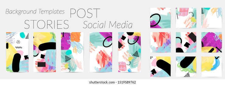 Creative backgrounds for social media. Editable story templates. Bright colored with hand drawn scribbles promotional backgrounds for social media apps.