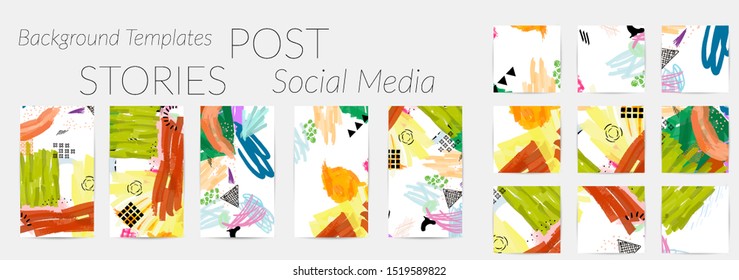 Creative backgrounds for social media. Editable story templates. Bright colored with hand drawn scribbles promotional backgrounds for social media apps.