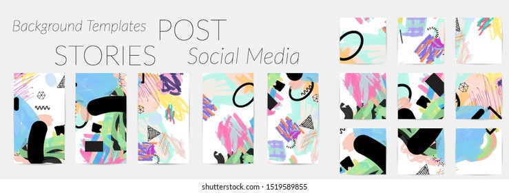Creative backgrounds for social media. Editable story templates. Bright colored with hand drawn scribbles promotional backgrounds for social media apps.