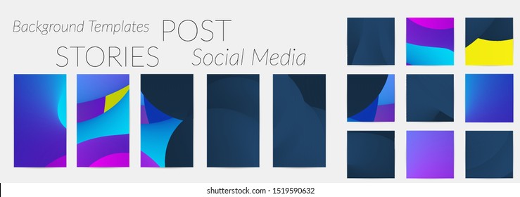 Creative backgrounds for social media. Editable story templates. Bright colored with gradient blend liquid shapes promotional backgrounds for social media apps.