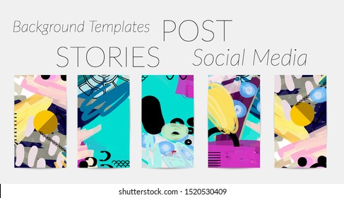 Creative backgrounds for social media. Editable story templates. Bright colored with hand drawn scribbles promotional backgrounds for social media apps.
