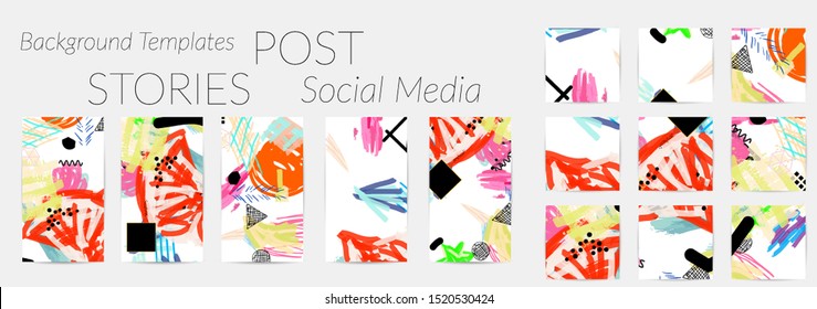 Creative backgrounds for social media. Editable story templates. Bright colored with hand drawn scribbles promotional backgrounds for social media apps.