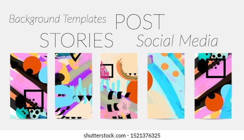 Creative backgrounds for social media. Editable story templates. Bright colored with hand drawn scribbles promotional backgrounds for social media apps.