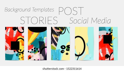 Creative backgrounds for social media. Editable story templates. Bright colored with hand drawn scribbles promotional backgrounds for social media apps.