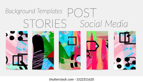 Creative backgrounds for social media. Editable story templates. Bright colored with hand drawn scribbles promotional backgrounds for social media apps.