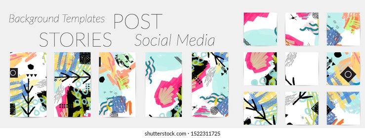 Creative backgrounds for social media. Editable story templates. Bright colored with hand drawn scribbles promotional backgrounds for social media apps.