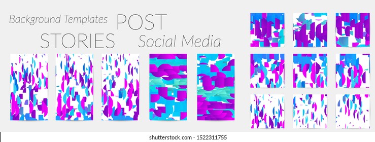Creative backgrounds for social media. Editable story templates. Bright colored with gradient stripes or small particles promotional backgrounds for social media apps. Glitch effect.