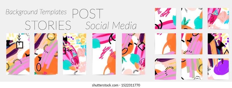Creative backgrounds for social media. Editable story templates. Bright colored with hand drawn scribbles promotional backgrounds for social media apps.