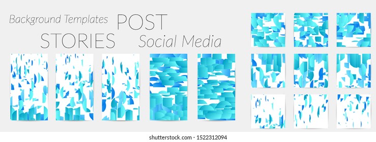 Creative backgrounds for social media. Editable story templates. Bright colored with gradient stripes or small particles promotional backgrounds for social media apps. Glitch effect.