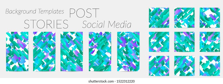 Creative backgrounds for social media. Editable story templates. Bright colored with gradient stripes or small particles promotional backgrounds for social media apps. Glitch effect.
