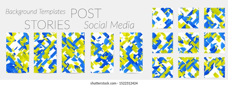 Creative backgrounds for social media. Editable story templates. Bright colored with gradient stripes or small particles promotional backgrounds for social media apps. Glitch effect.
